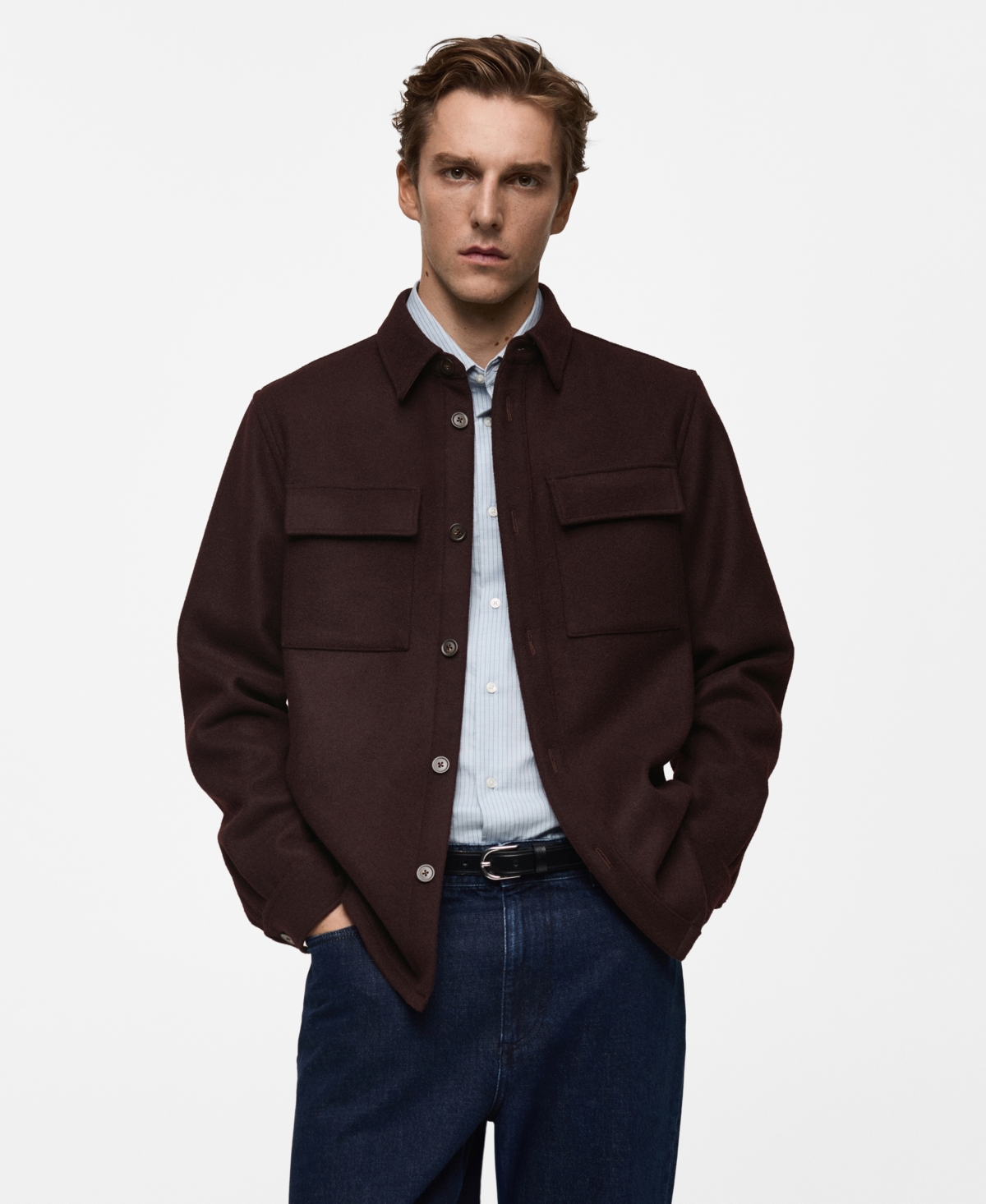 Mango Wool Blend Flannel Overshirt With Pockets In Burgundy