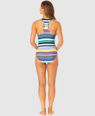 Women's Barcode Stripe Zip-Front Racerback One-Piece Swimsuit