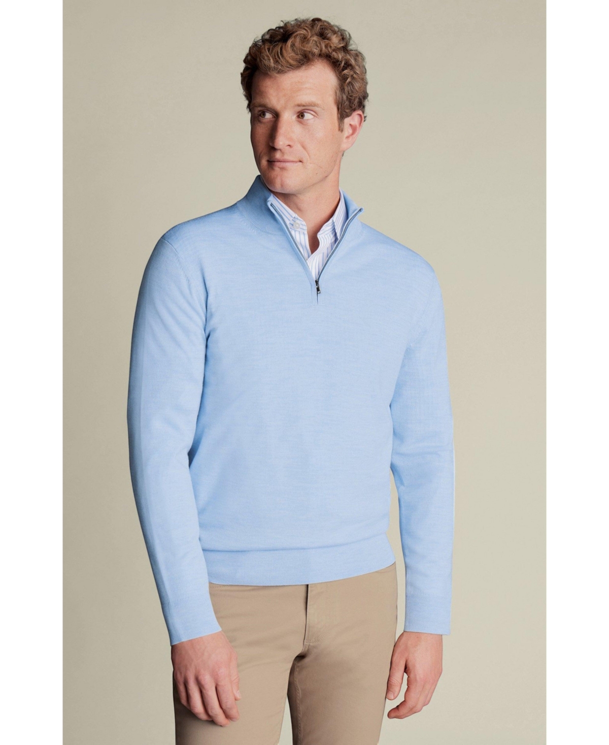 Men's Merino Zip Neck Long Sleeve Sweater - Sky blue