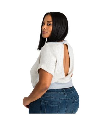 Plus Size French Terry Open Back Short Sleeve Sweatshirt
