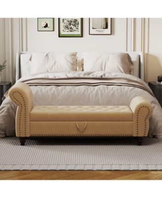 64.5 Inch Velvet Upholstered Storage Bench, Tufted Bed Bench with Nailhead Trim for Bedroom