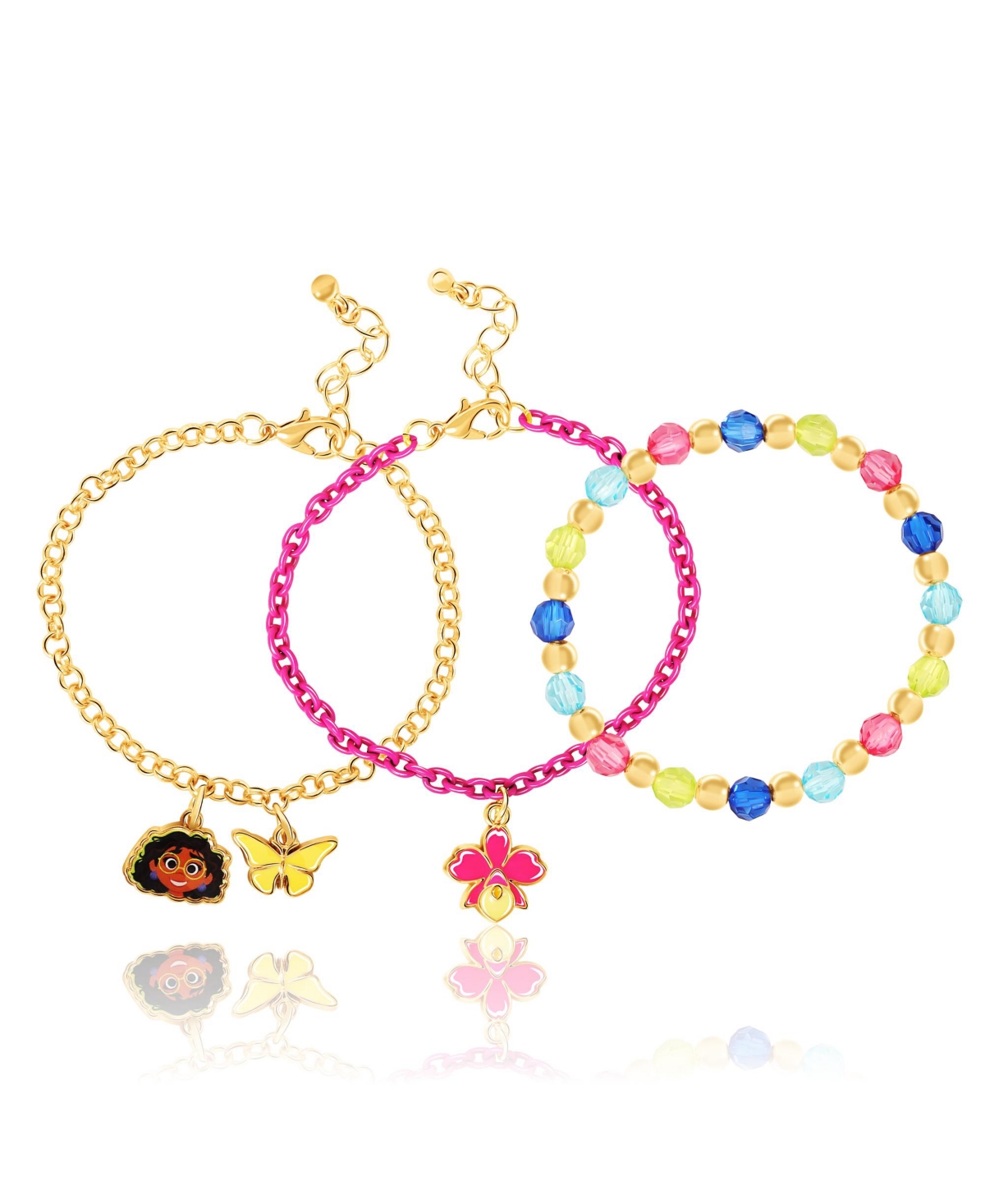 Encanto Set of 2 Charm Bracelets and 1 Stretch Beaded Bracelet, Officially Licensed, 6" - Pink