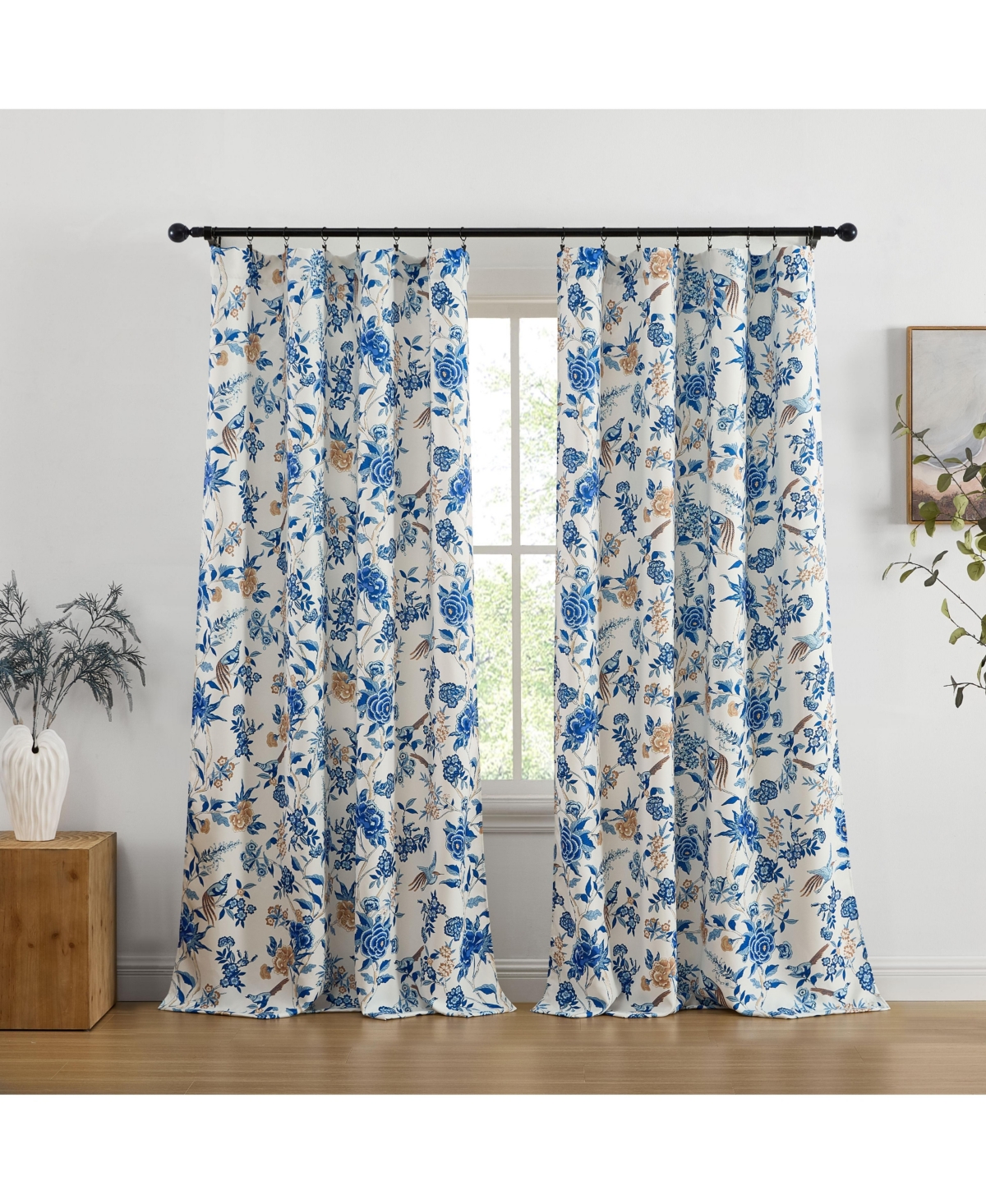 Hlc.me Scarlet Floral & Birds Patterned Back Tab Rod Pocket - Light Blocking Darkening Window Panels, Set of 2 (Blue