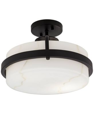 Bregman 13" Modern Semi Flush-Mount Ceiling Light Fixture Kitchen Foyer Drum Black Finish White Stone Glass