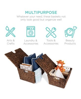 Set of 2 XL Water Hyacinth Woven Tapered Storage Basket Chests w/ Attached Lid, Handle Hole