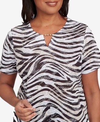 Women's Beaded Split Neck Animal Print Top