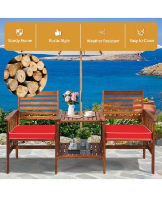 Patio Outdoor Conversation Set Acacia Wood Loveseat  w/ Cushion Table