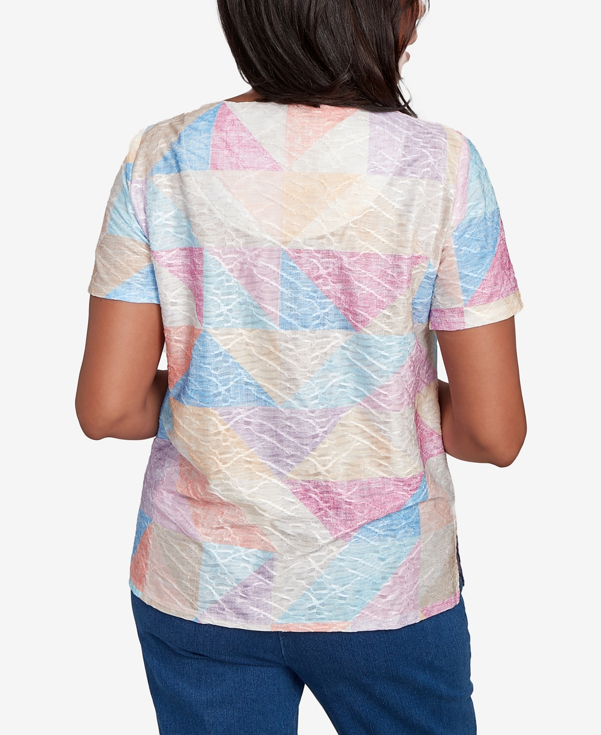 Alfred Dunner Women's Keyhole Geometric Patchwork Top In Blue