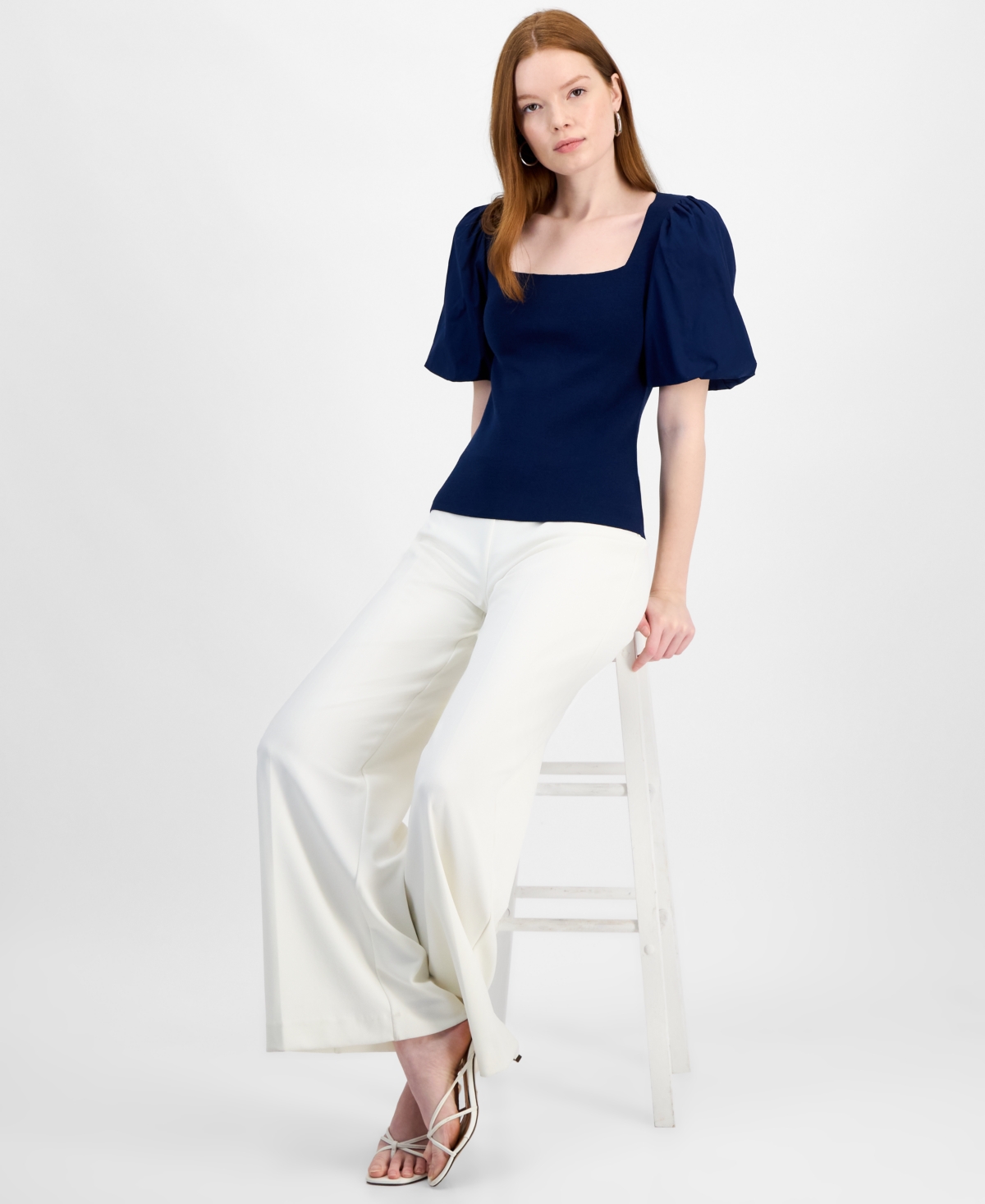 T Tahari Women's Mixed-media Square-neck Puff-sleeve Top