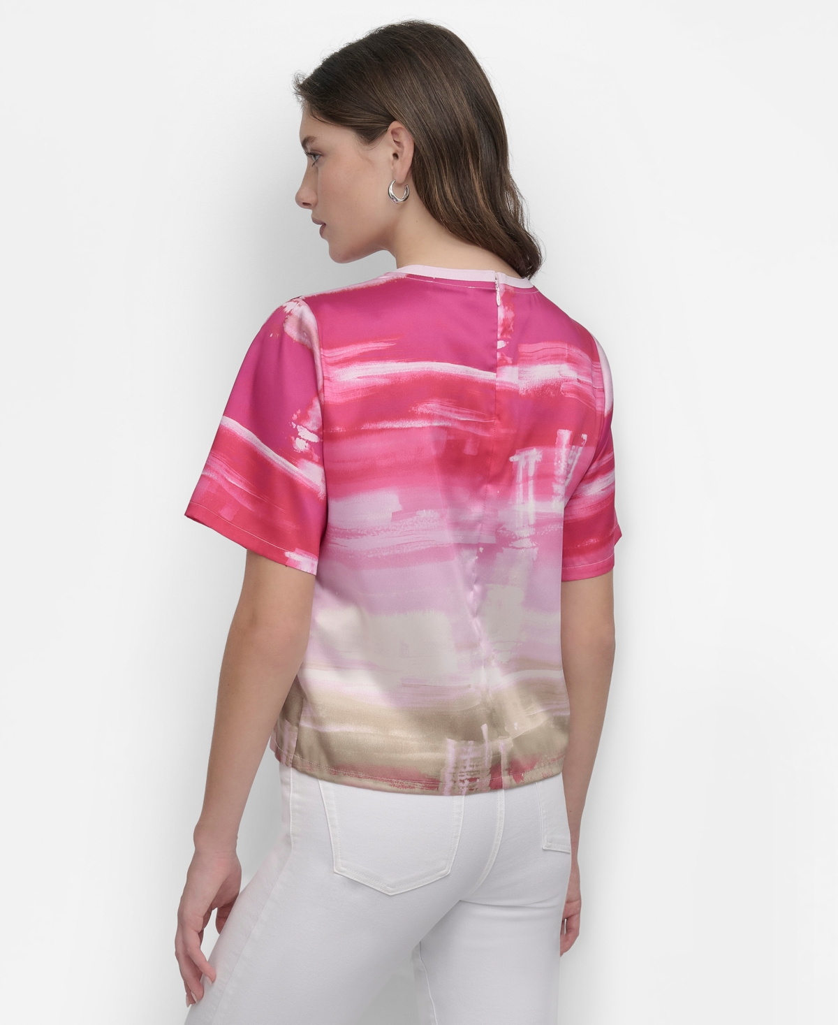 Dkny Print Scarf Twill Short Sleeve Top In Pink