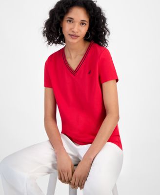 Women's Solid Stripe-Trim V-Neck