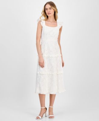 Anne Klein - Women's Eyelet Square-Neck Tiered Midi Dress