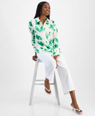 BAR III WOMENS PRINTED BUTTON FRONT BLOUSE PULL ON CROPPED PANTS EXCLUSIVELY AT MACYS 