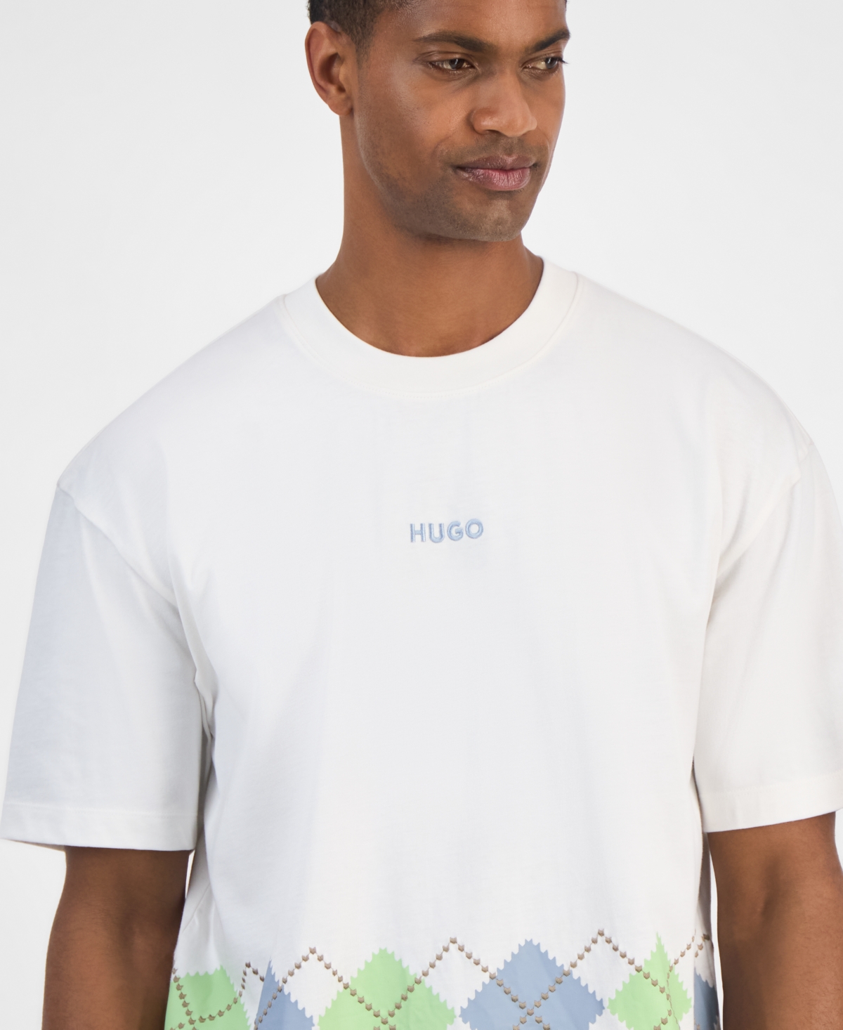 Hugo by Hugo Boss Men's Dulapo Oversized Short Sleeve Crewneck Argyle T-Shirt