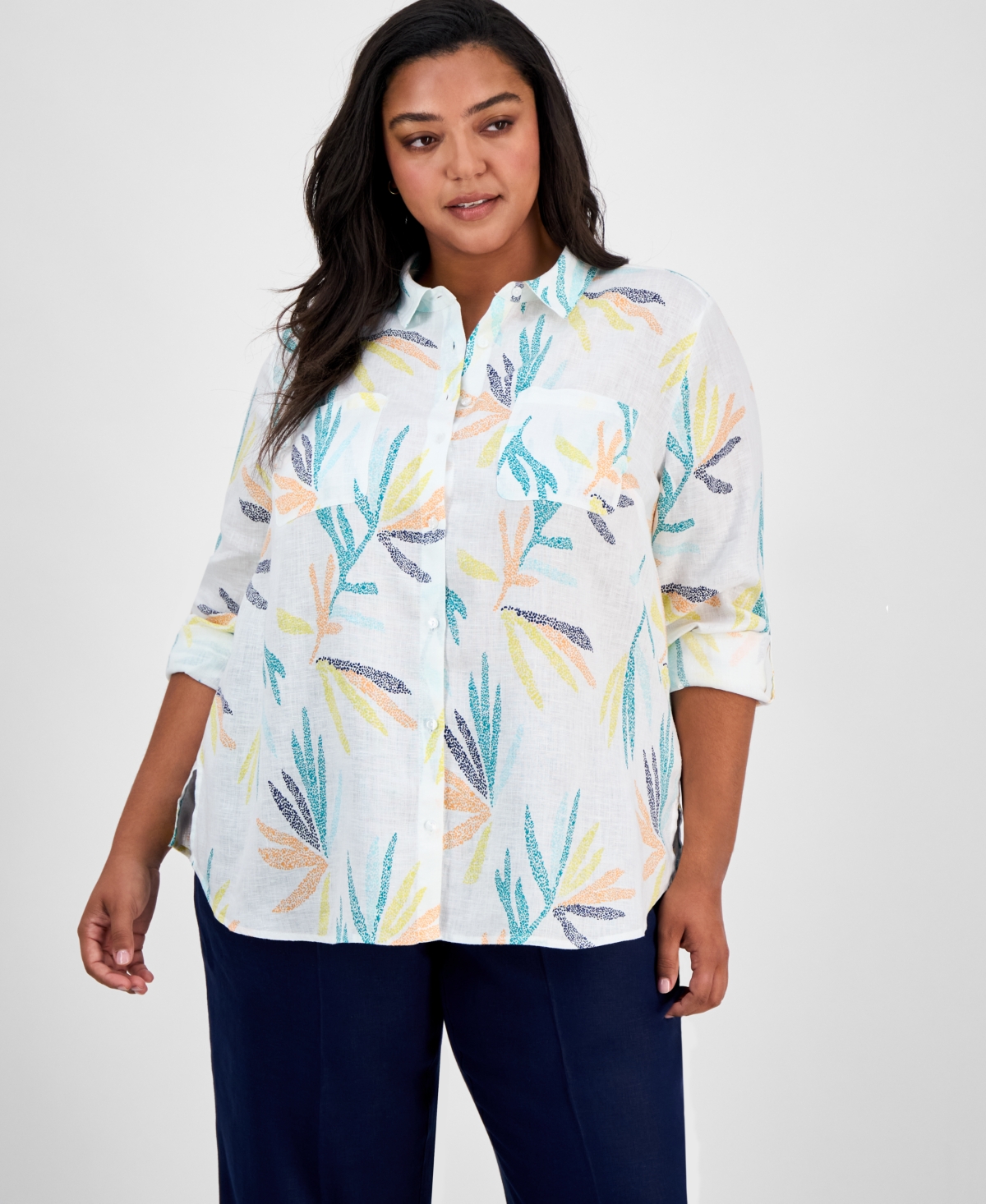 CHARTER CLUB PLUS SIZE 100% LINEN PALM PRINT SHIRT, EXCLUSIVELY AT MACY'S 
