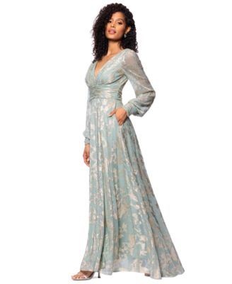 Women's Metallic V-Neck Ruched-Waist Gown