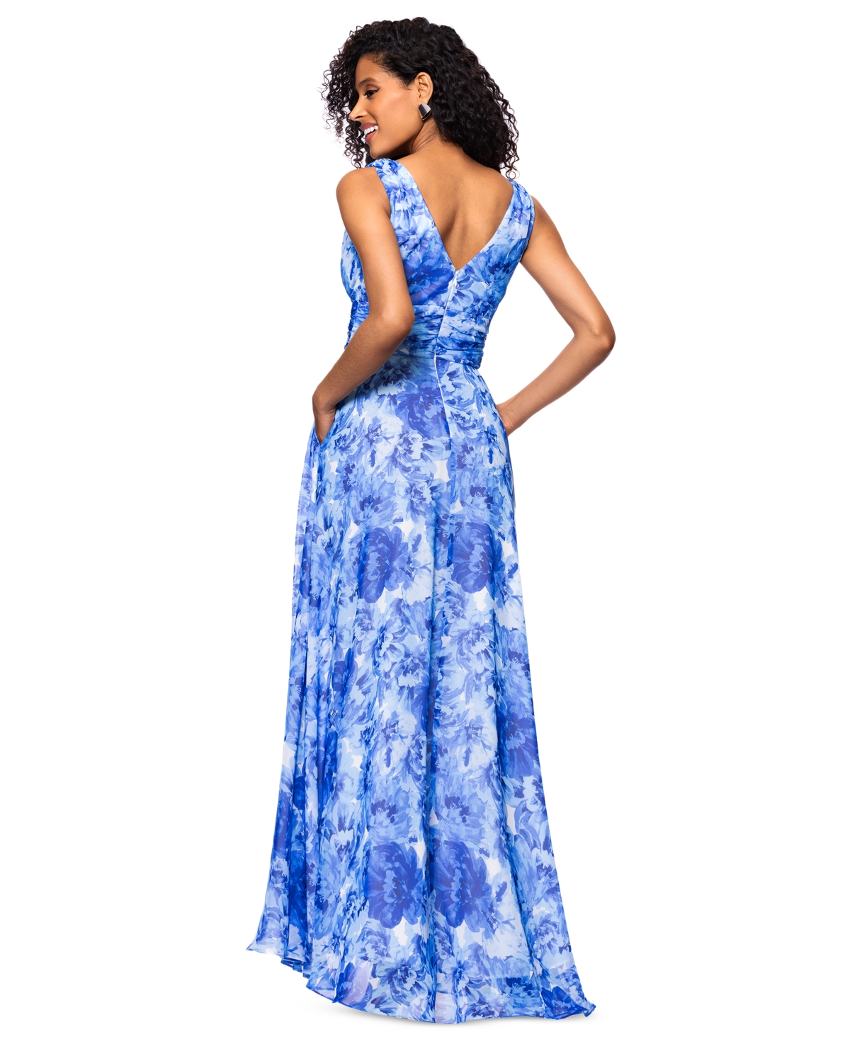 Betsy & Adam Women's Floral V-neck Ruched-waist Gown In Blue,white