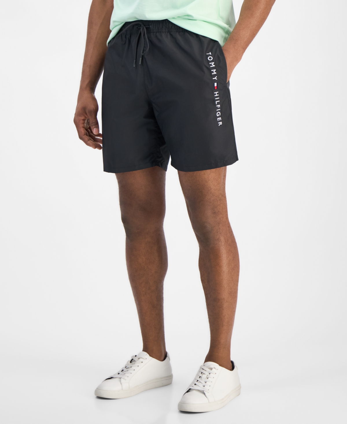 Tommy Hilfiger Men's Drawstring Logo 7" Swim Trunks In Black
