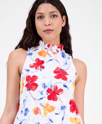 Women's Printed Cotton Eyelet Sleeveless Shift Dress