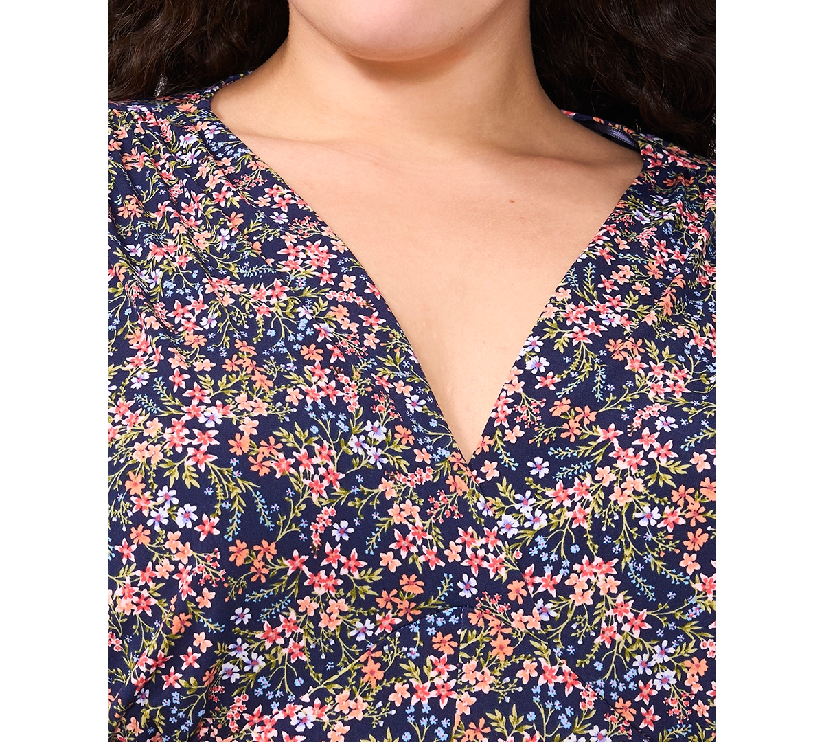 Msk Plus Size Floral-print Flutter-sleeve Midi Dress In Navy Multi