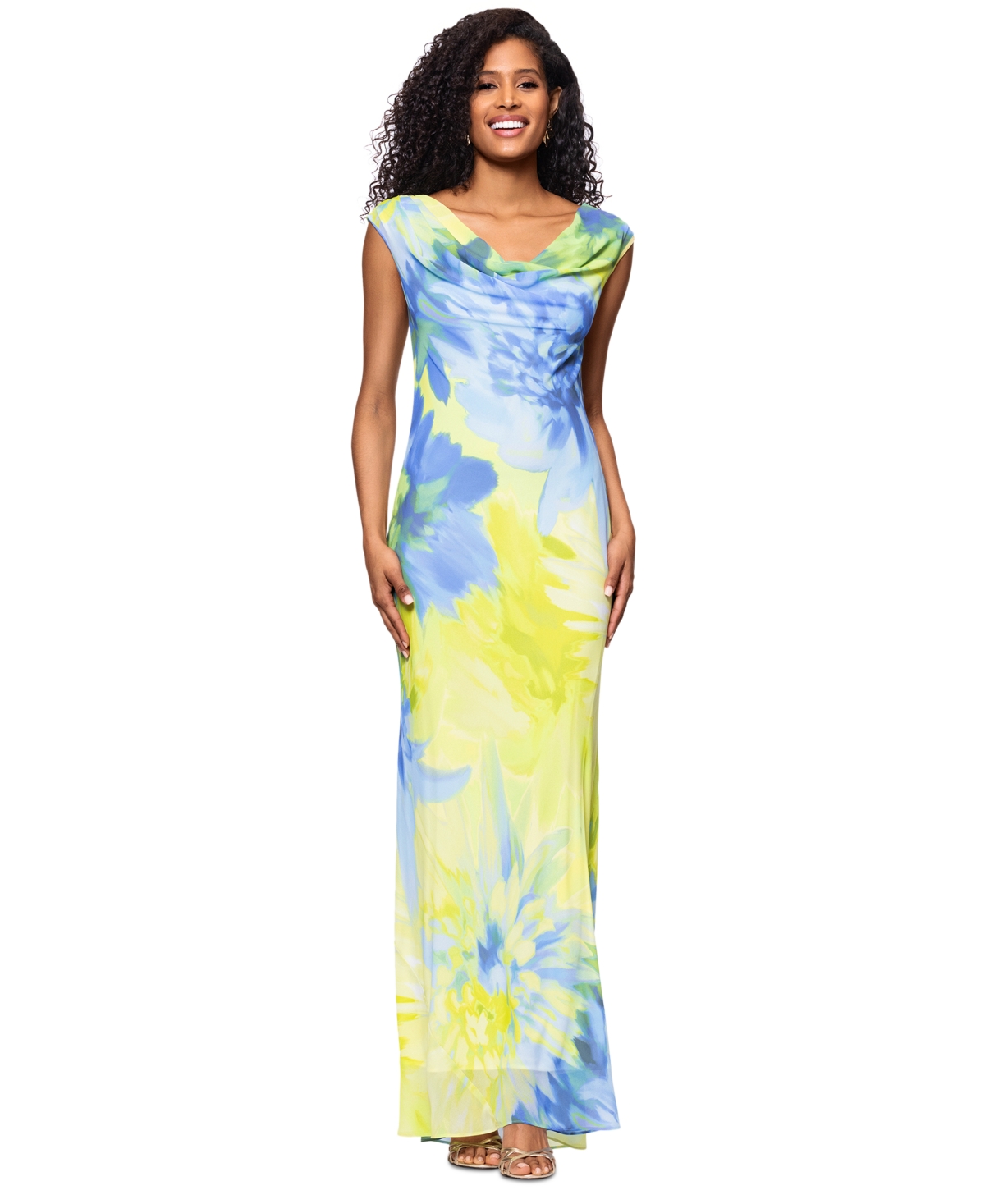 Betsy & Adam Women's Printed Cowlneck Sleeveless Gown In Citrine