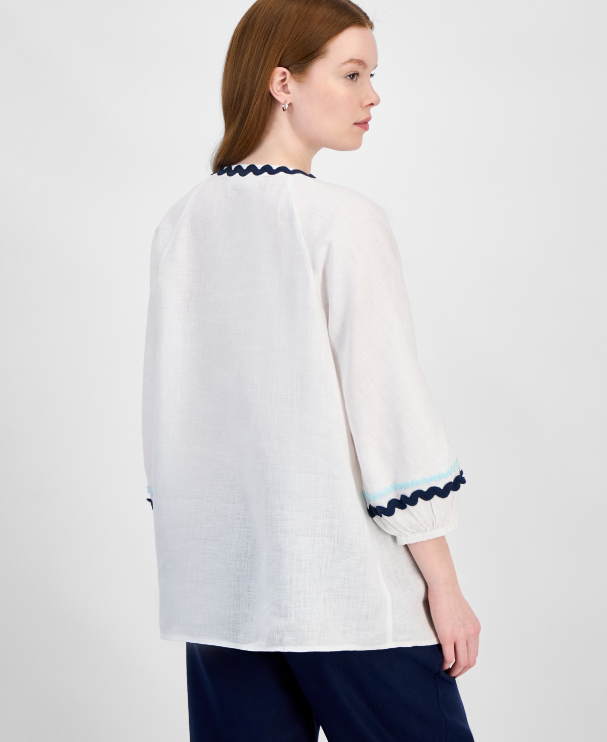 CHARTER CLUB WOMEN'S 100% LINEN RICKRACK-TRIM TOP, EXCLUSIVELY AT MACY'S 