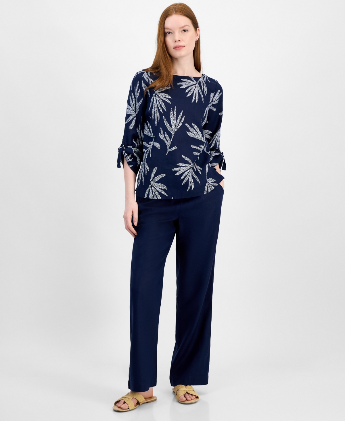 CHARTER CLUB WOMEN'S 100% LINEN TEXTURED PALM-PRINT TOP, EXCLUSIVELY AT MACY'S 