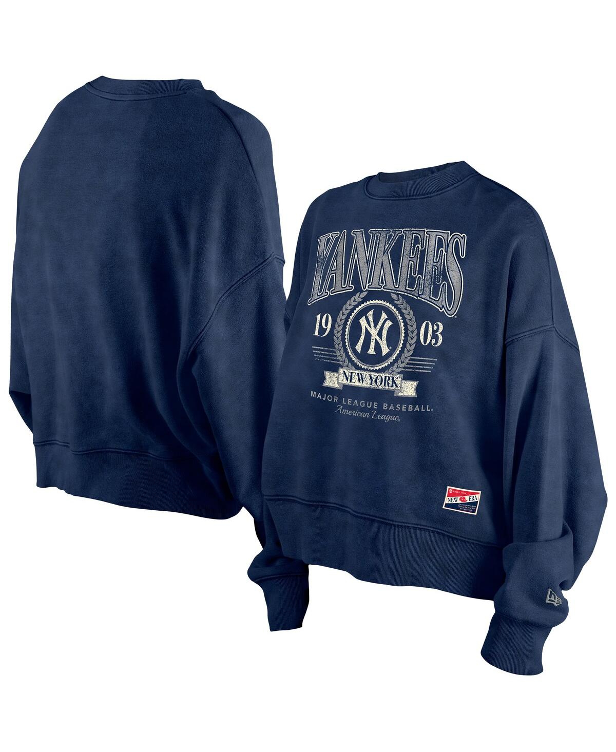 NEW ERA WOMEN'S NAVY NEW YORK YANKEES THROWBACK BOXY ENZYME WASH FLEECE CREWNECK PULLOVER 