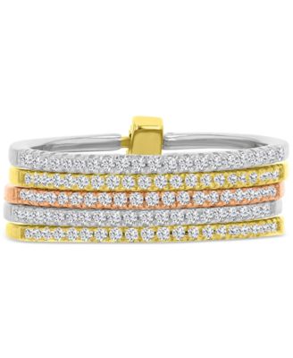 Cubic Zirconia Multi-Layer Statement Ring in Sterling Silver, & 14k Gold- & 14k Rose Gold-Plate