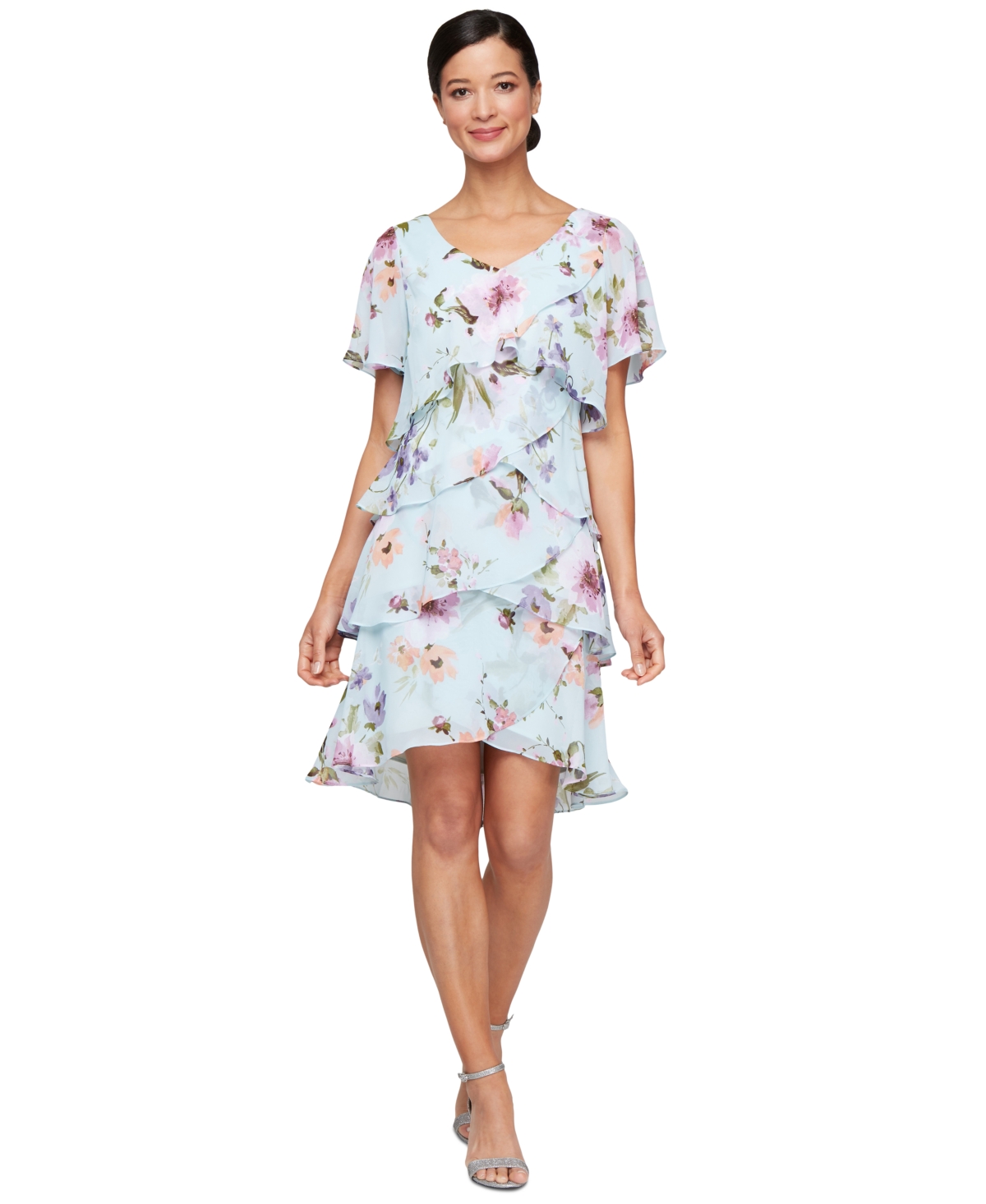 Women's Floral Ruffle-Tiered Flutter-Sleeve Dress - Blue Multi