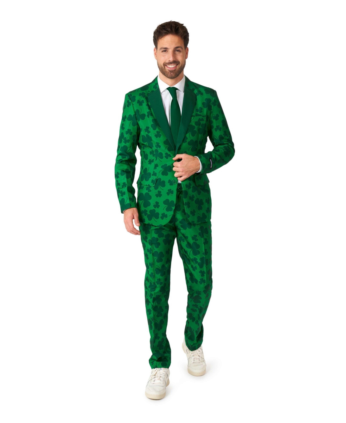 Men's Party Costume. Pats Green Suit - Shamrock Print for Men - Green