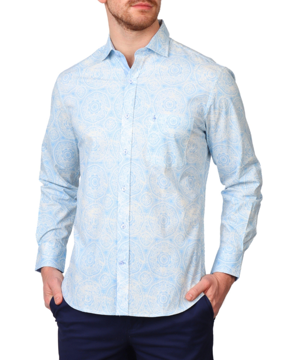 Men's Blue Mandala Print Long Sleeve Shirt - Blue