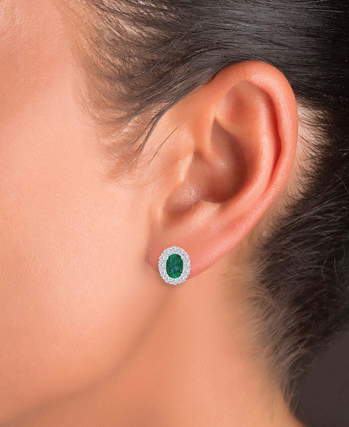 Cubic Zirconia Green Stone Oval Halo Stud Earrings Sterling Silver