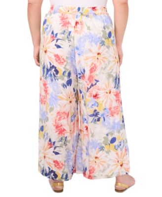 Plus Size Floral Angled-Hem Wide-Leg Pants