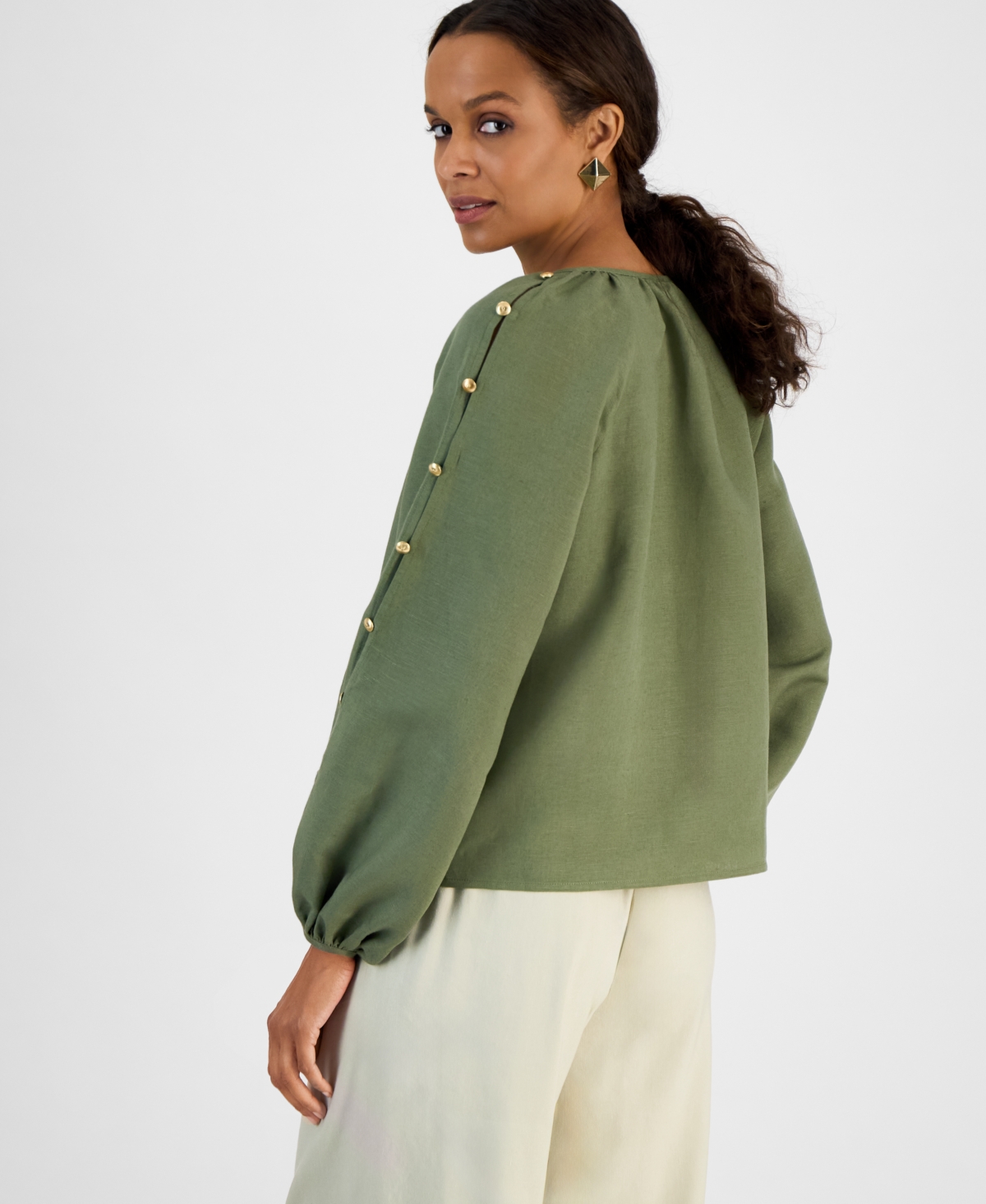 Inc International Concepts Petite Button-sleeve Blouse, Exclusively At Macy's In Olivine