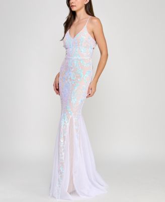 Juniors' Lace-Up-Back Sequin Mesh Gown