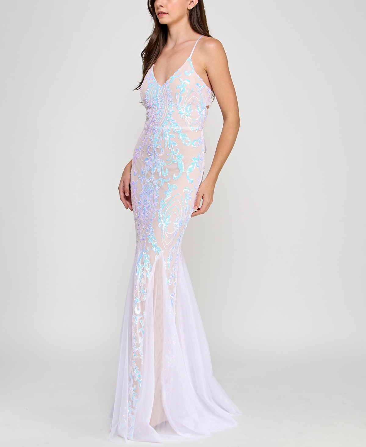 Crystal Doll Juniors' Lace-up-back Sequin Mesh Gown In Ivory,nude