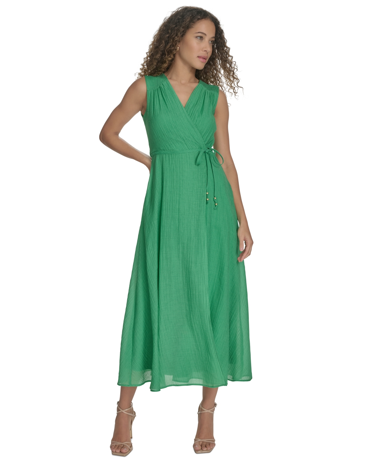 Shop Calvin Klein Women's Faux-wrap Sleeveless Midi Dress In Fern