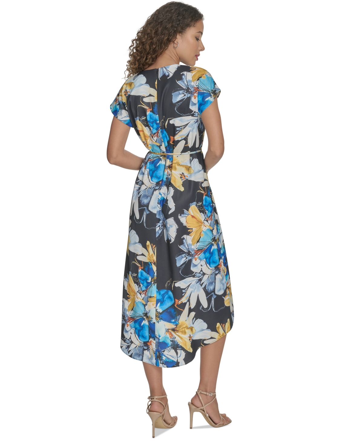 Calvin Klein Women's Floral Tie-waist High-low Midi Dress In Black Multi