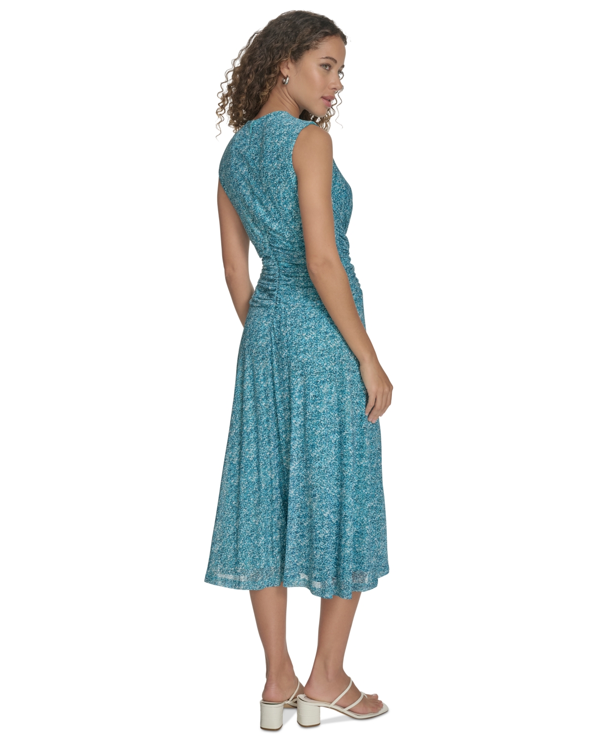 Calvin Klein Women's Printed Ruched-waist Midi Dress In Lake Multi