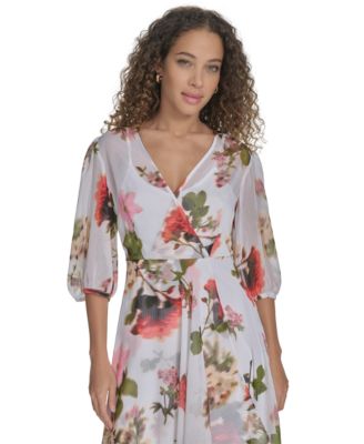 Calvin Klein Women's Floral-print Faux-wrap Chiffon High-low Dress - Macy's