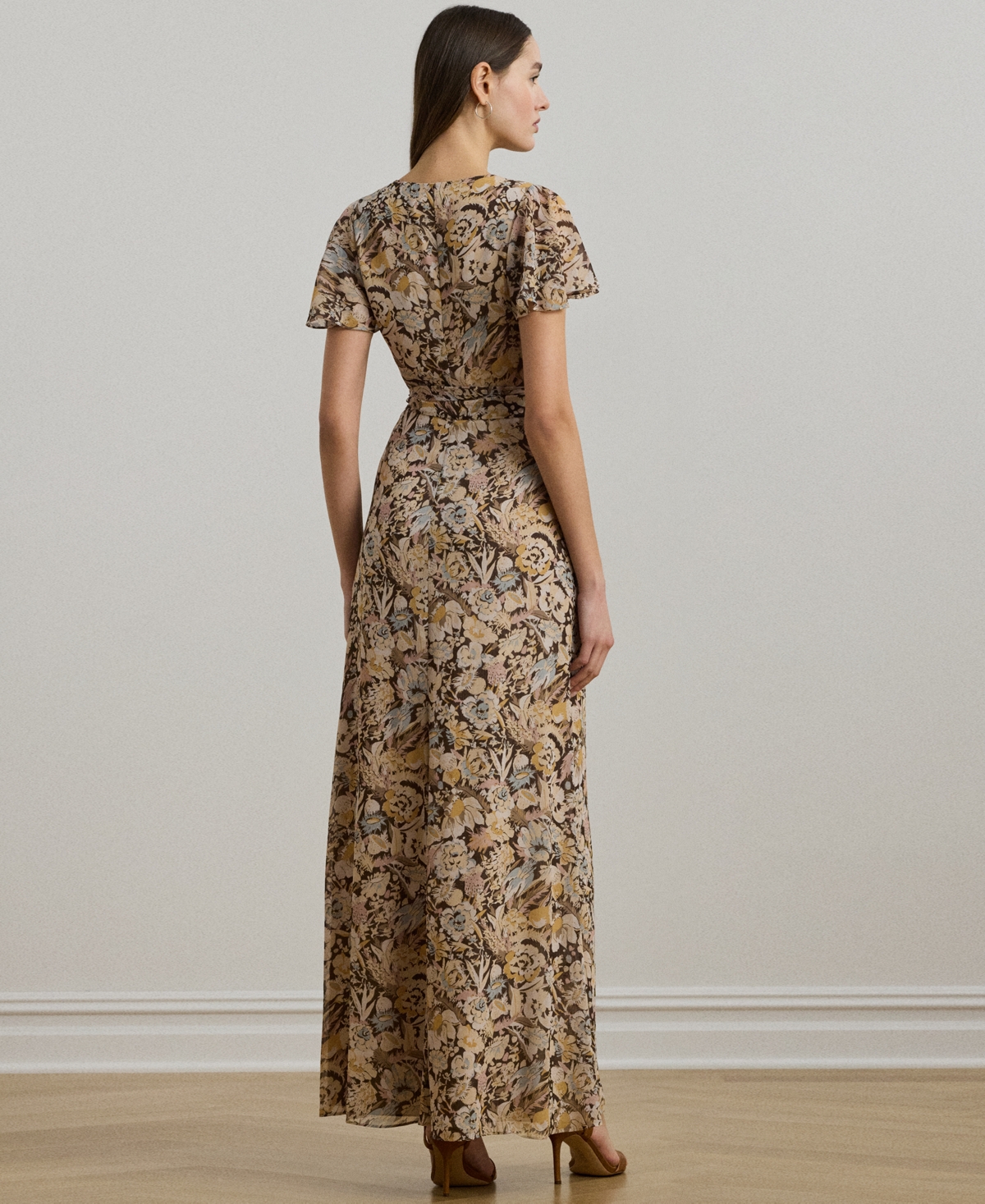 RALPH LAUREN WOMEN'S FLORAL BELTED FLUTTER-SLEEVE GOWN 