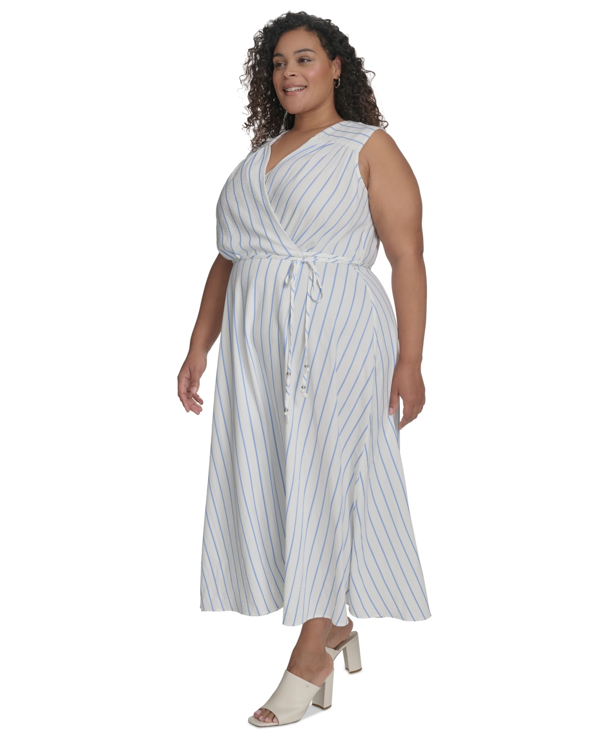 CALVIN KLEIN PLUS SIZE STRIPED FAUX-WRAP MAXI DRESS 