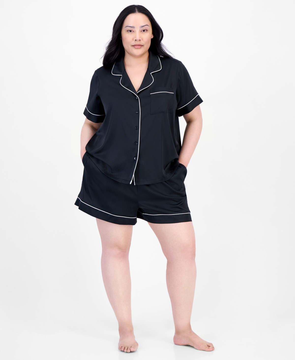 Shop Inc International Concepts I.n.c. International Concepts Plus Size Stretch Satin Notched-collar Pajama Set, Exclusively At Macy
