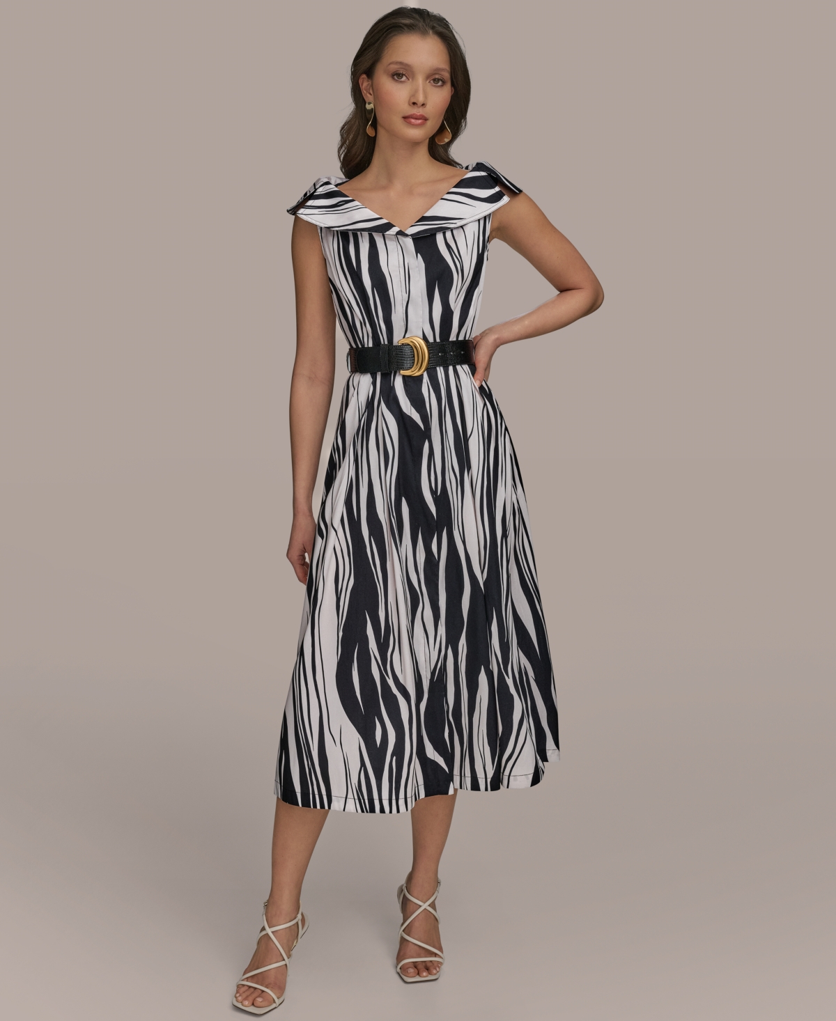 Donna Karan New York Zebra Print Notched Lapel Belted Midi Dress In Black Pristine