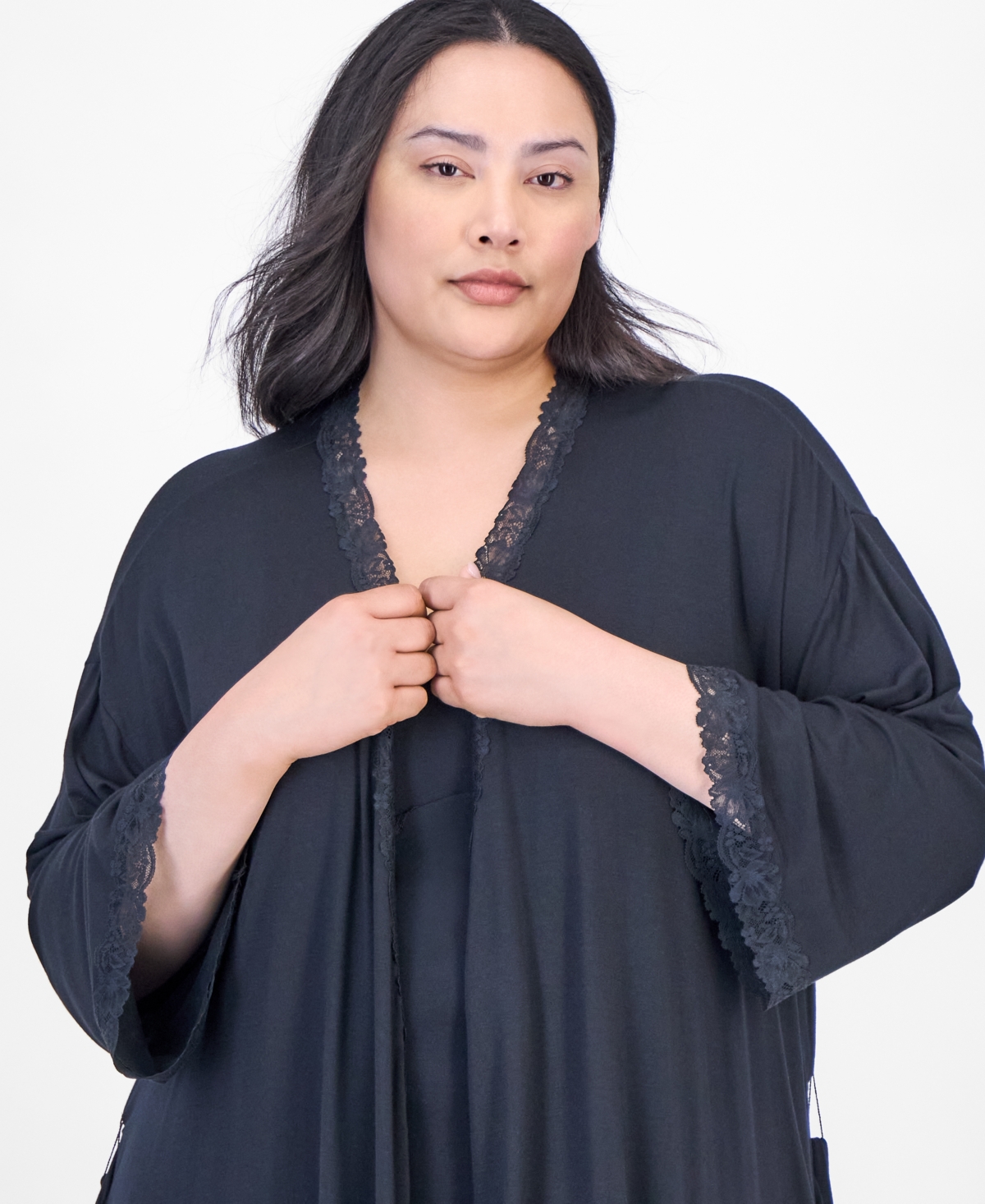 MACY'S I.N.C. INTERNATIONAL CONCEPTS PLUS SIZE LACE-TRIM KNIT WRAP ROBE, EXCLUSIVELY AT MACY'S 