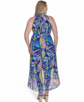 Plus Size Printed Chiffon High-Low Halter Dress