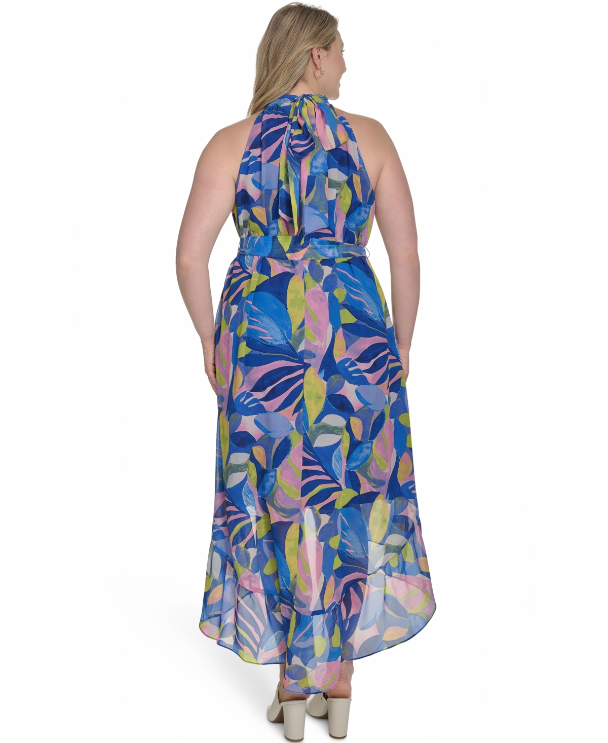 ELIZA J PLUS SIZE PRINTED CHIFFON HIGH-LOW HALTER DRESS 