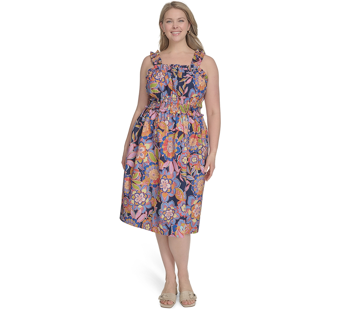 Eliza J Plus Size Cotton Floral Smocked-waist Midi Dress