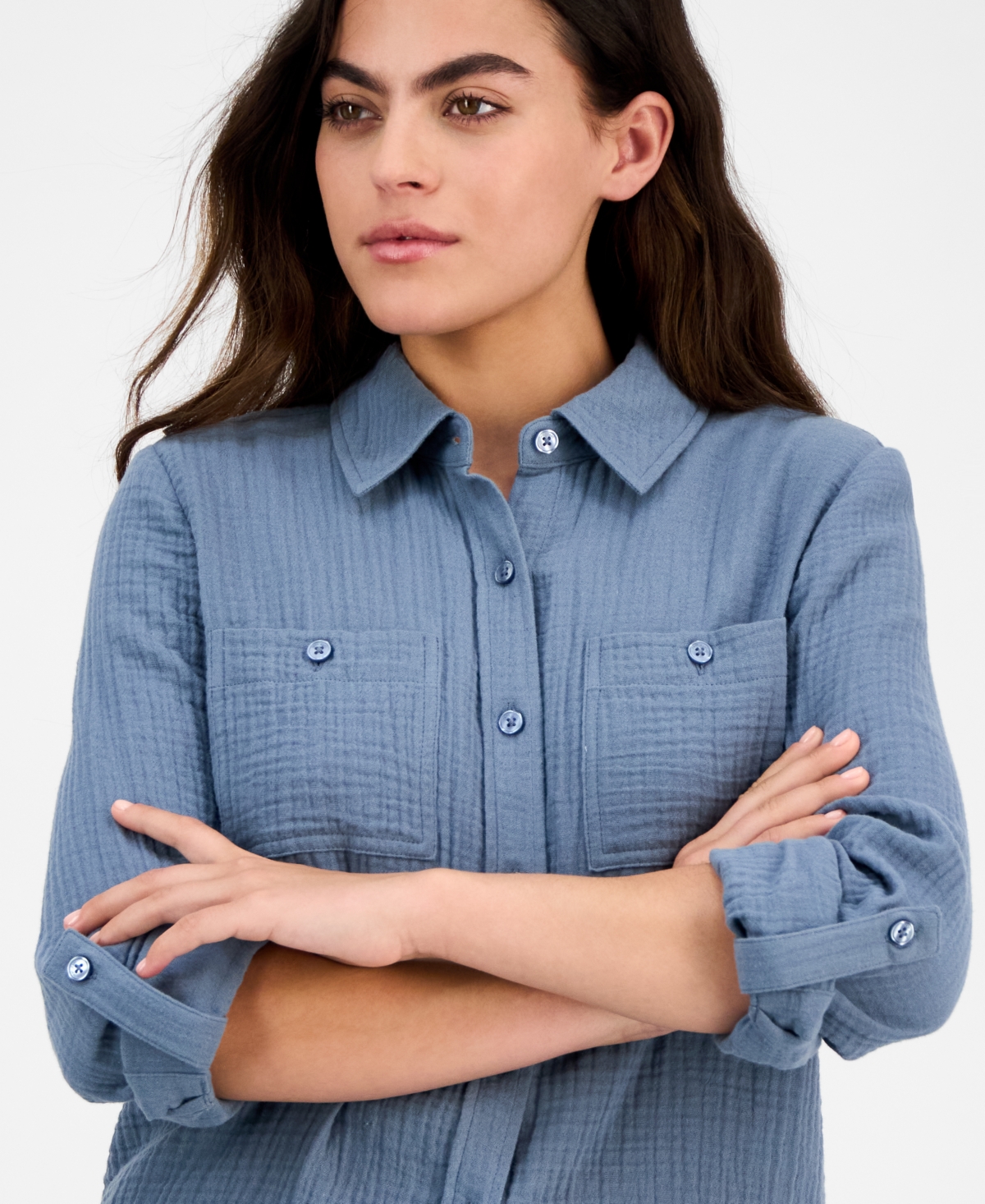 DKNY JEANS PETITE COTTON ROLL-TAB SHIRT 